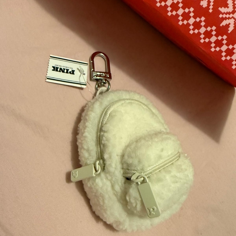 PINK Victoria's Secret White Fuzzy Backpack Keychain